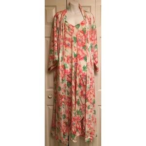 Vtg  Natori Womens Robe Nightgown Set Pink Flowers Sz Medium Polyester NO BELT